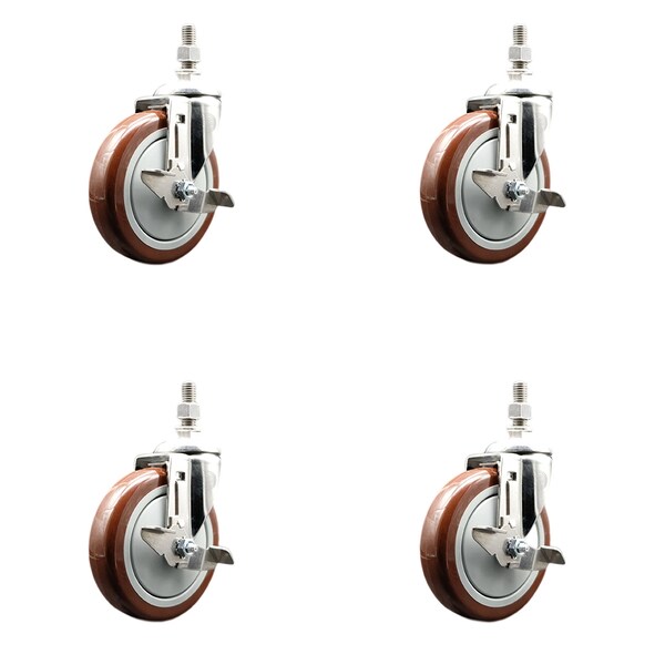 Service Caster 5 Inch 316SS Maroon Polyurethane Swivel 1/2 Inch Threaded Stem Caster Set Brake SS316TS20S514-PPUB-MRN-TLB-121315-4 - main